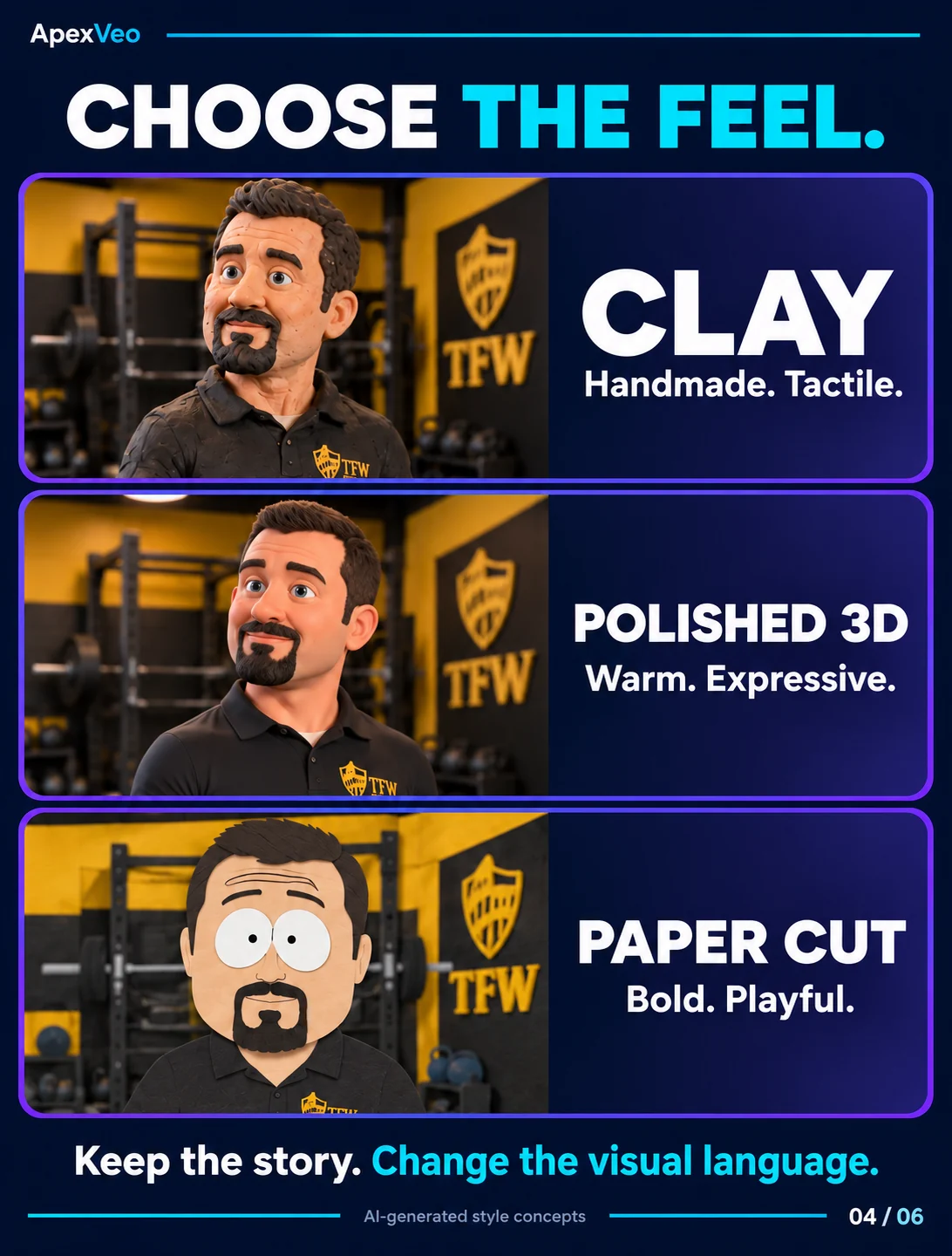 Clay, polished 3D and paper-cut approaches applied to the same story.