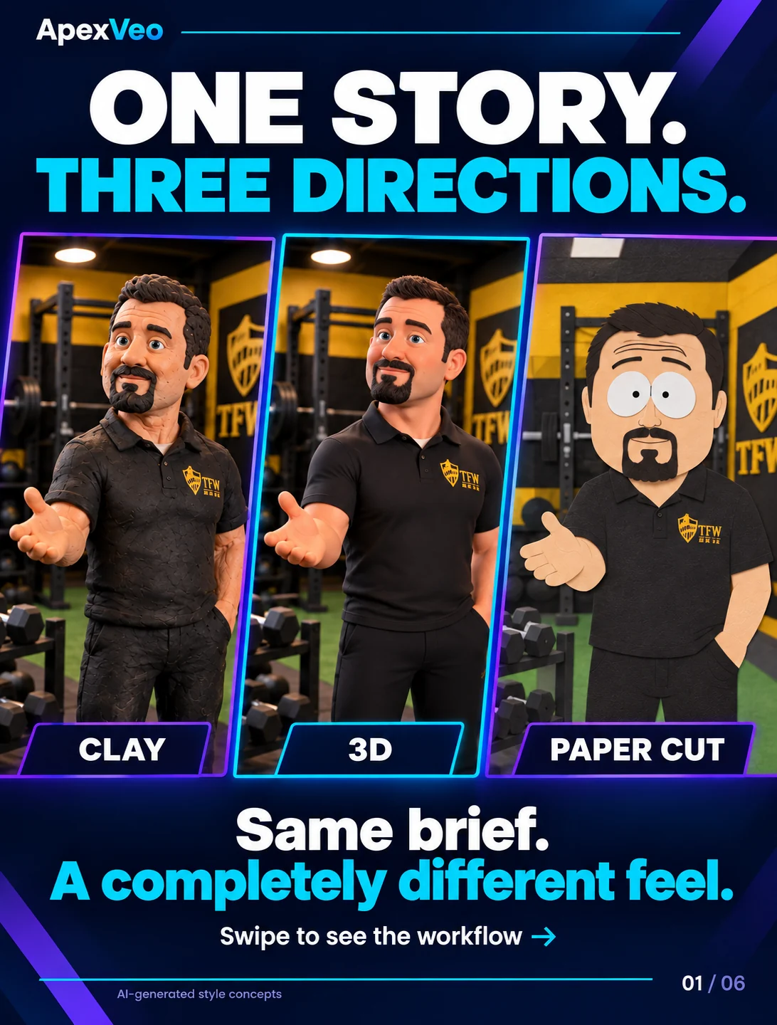 One coaching story shown in clay, polished 3D and paper-cut visual directions.