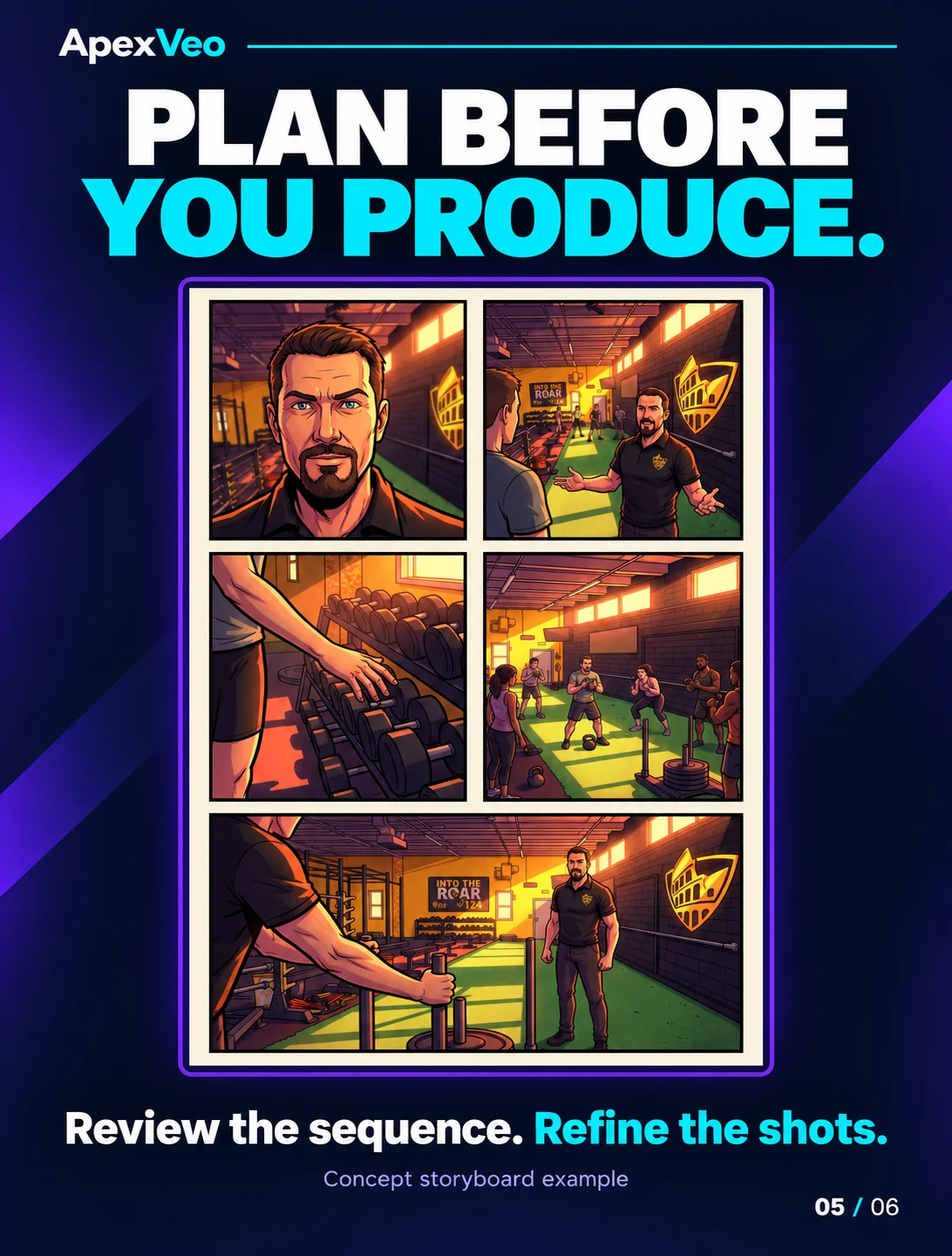 Five-panel concept storyboard for the welcoming first-day gym story.
