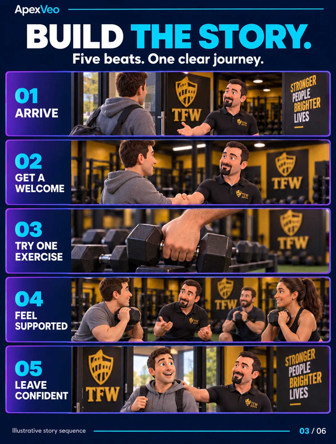 Five story beats from arrival and welcome to leaving the gym confident.